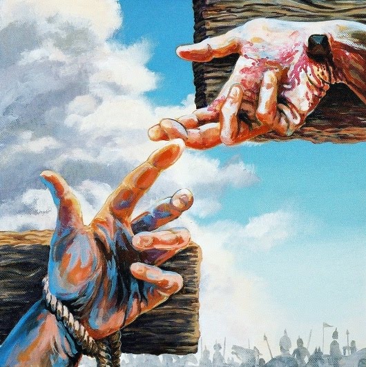 Artwork of a close up of two hands on separate crosses, Dismas's on the left, Jesus's, with a nail driven through the palm and blood streaming out of the wound, on the right. Their fingers reach for each other.